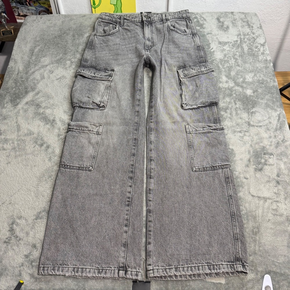 Cotton On Cargo Wide Leg Jeans Grey Washed Denim Utility Pants Womens Size 6